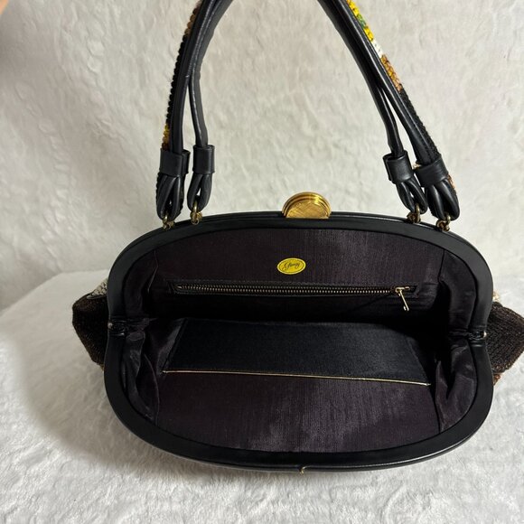 Vintage Garay Made In USA Carpet Satchel Handbag Dual Handles & Brass Accents - Picture 7 of 12